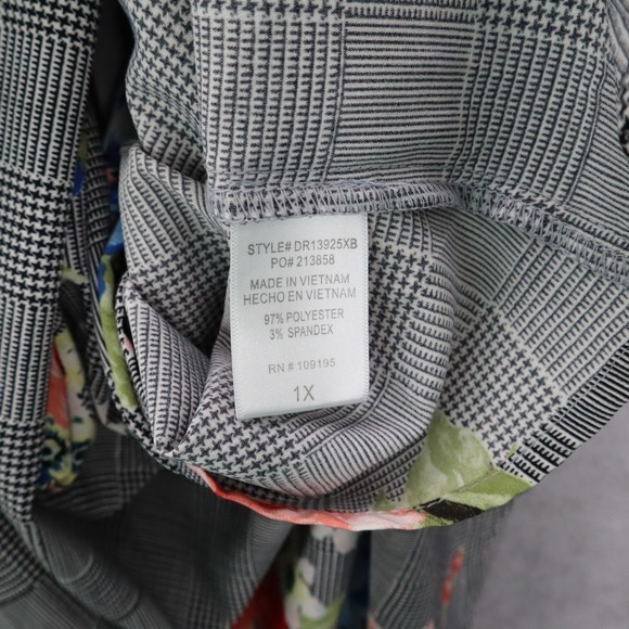 Love J Gray Floral Short Sleeve Checker Houndstooth Knee Length Plus Dress 1X - Picture 7 of 7